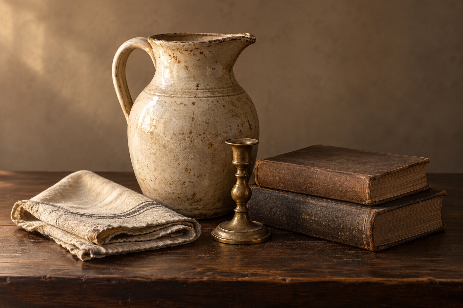 Illustrative antique still life: weathered stoneware pitcher, brass candlestick, old books and linen